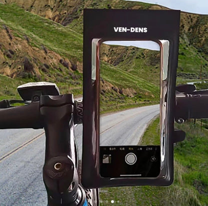 Clear-front black phone case mounted on bicycle handlebar, rugged waterproof holder