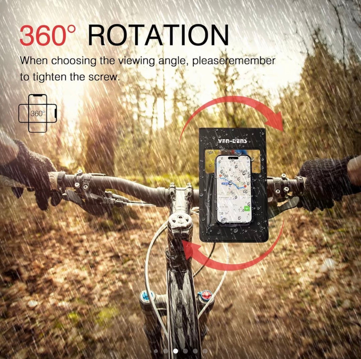 Black waterproof bike phone case holder with 360° rotatable clear screen window