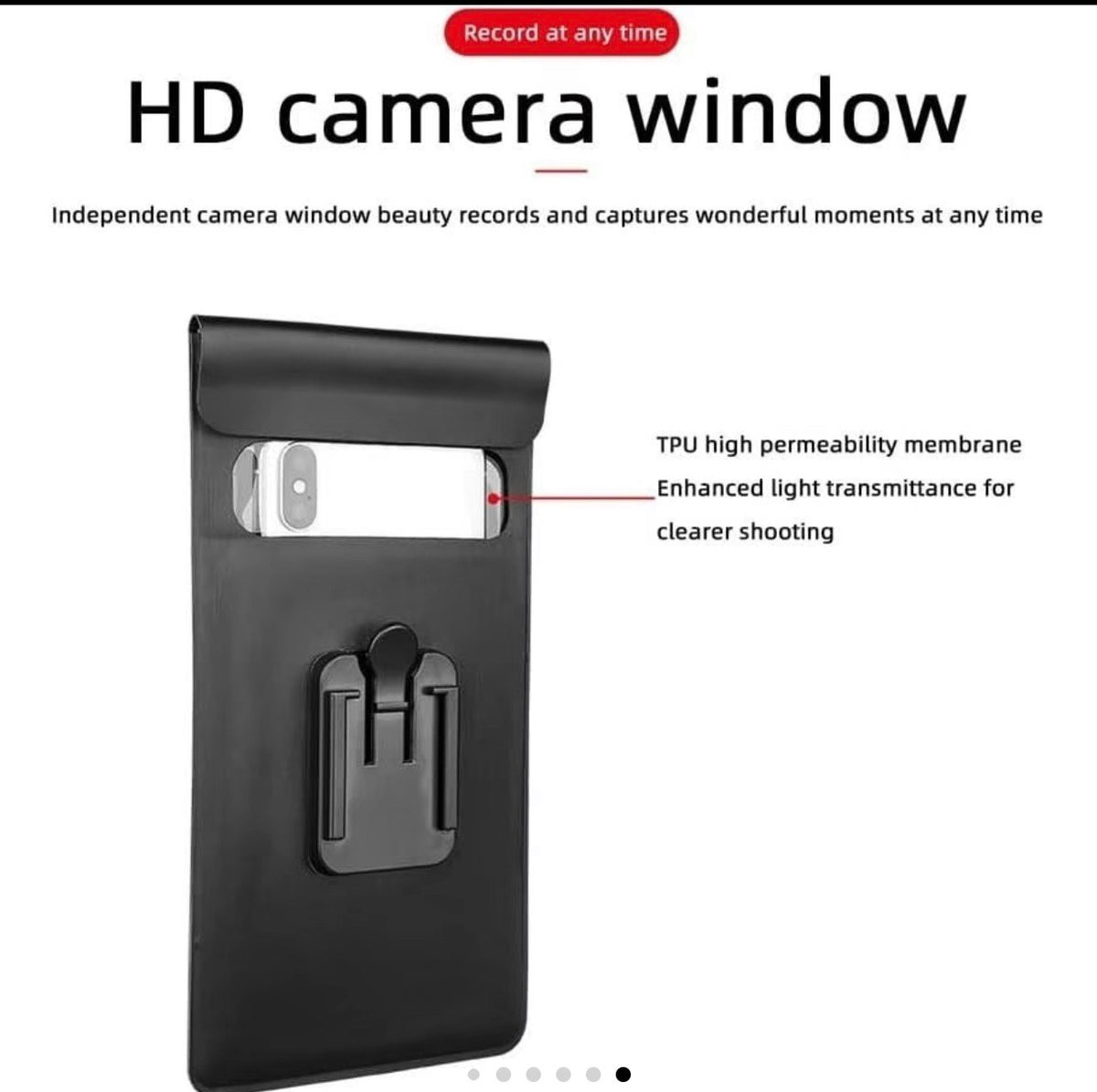 Black waterproof phone case with clear window cover and TPU membrane screen view