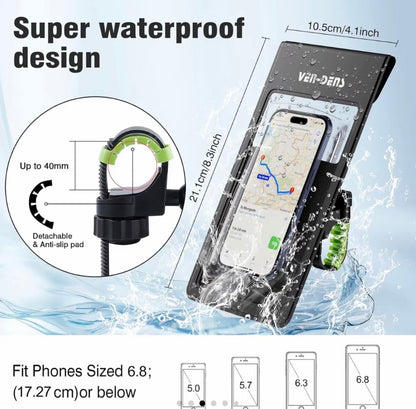 Black waterproof bike phone case holder with clear touchscreen window and clamp mount