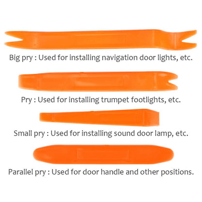Orange plastic car panel pry tools set with four different pry shapes