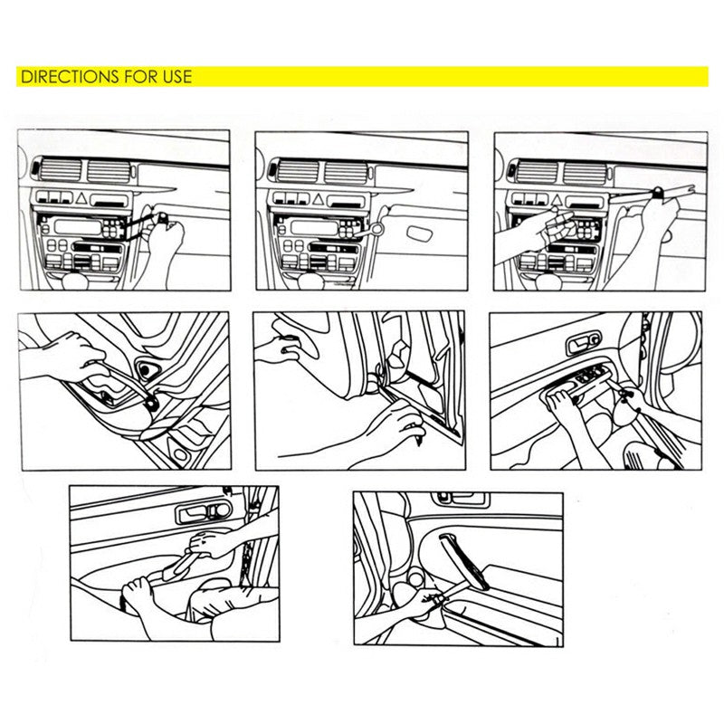 Car door trim pry tool kit directions, showing prying inserts with plastic tools