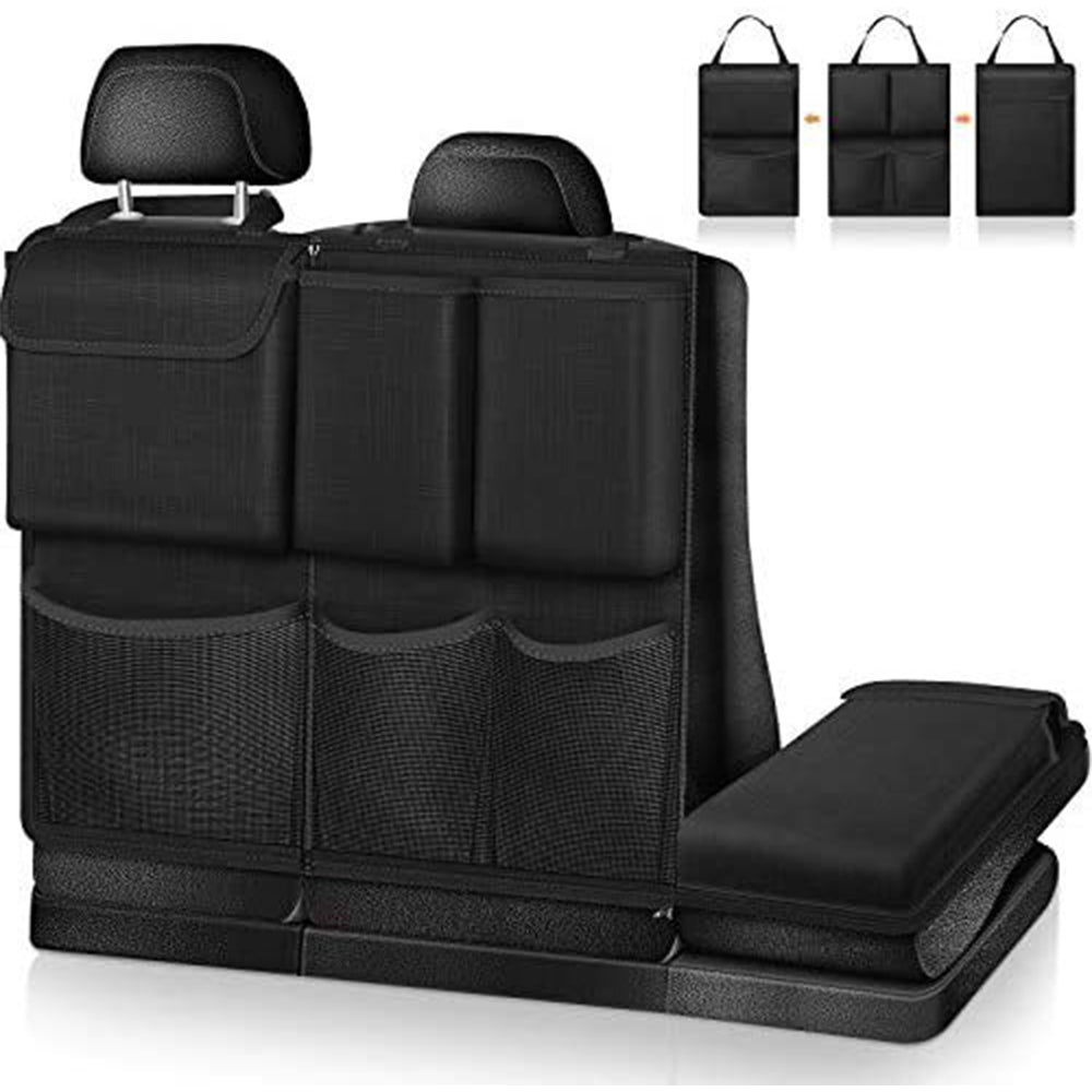 Black seat-back organizer with padded top, front pockets, and built-in foldable seat platform