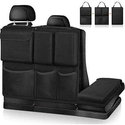 Black seat-back organizer with padded top, front pockets, and built-in foldable seat platform