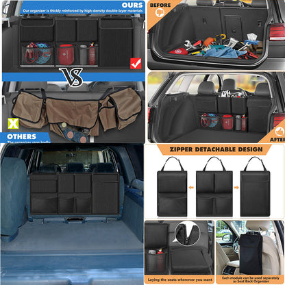 Black seat-back hanging organizer with zippered detachable panels and multi-pocket layout