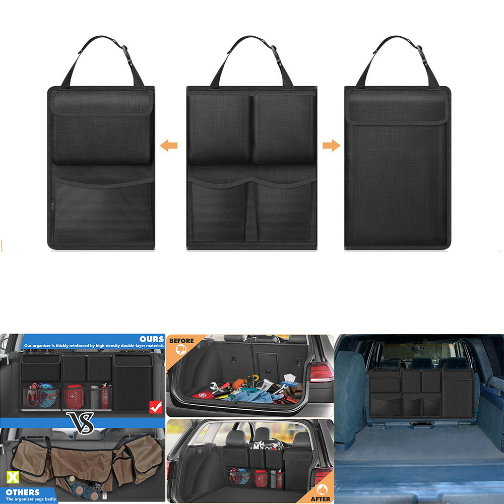 Black seat-back organizer with top handles and zipper panels, shown in detachable configurations
