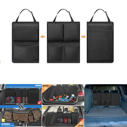 Black seat-back organizer with top handles and zipper panels, shown in detachable configurations