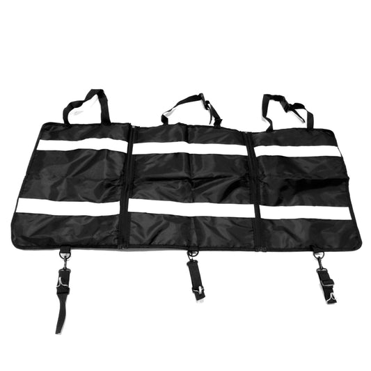 Black storage/dust cover bag with three zippered sections and top carrying straps