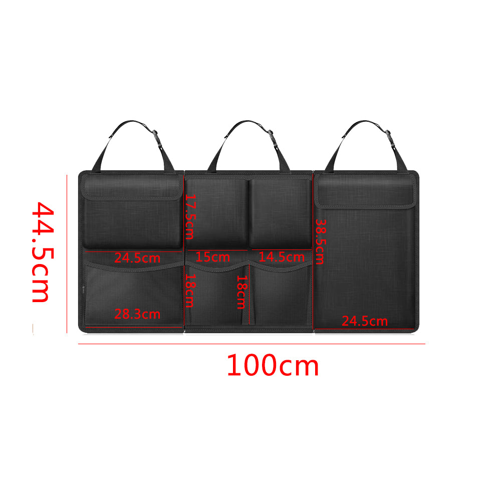 Black detachable seat-back organizer with several zippered storage pockets