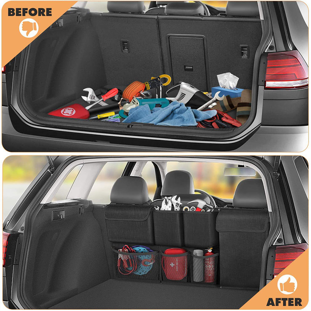 Black seat-back hanging storage bag with multiple front zippered compartments