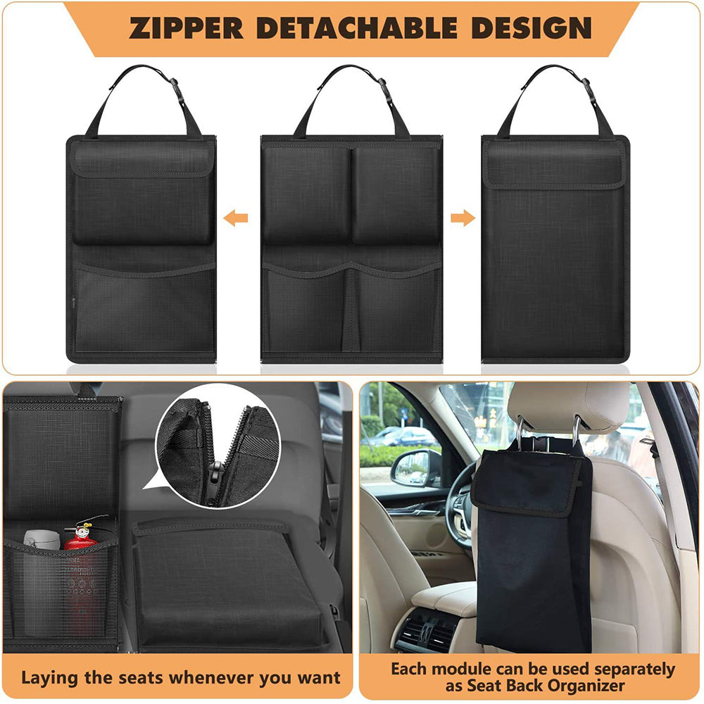 Black seat-back organizer with zipper detachable design and reinforced stitching edges