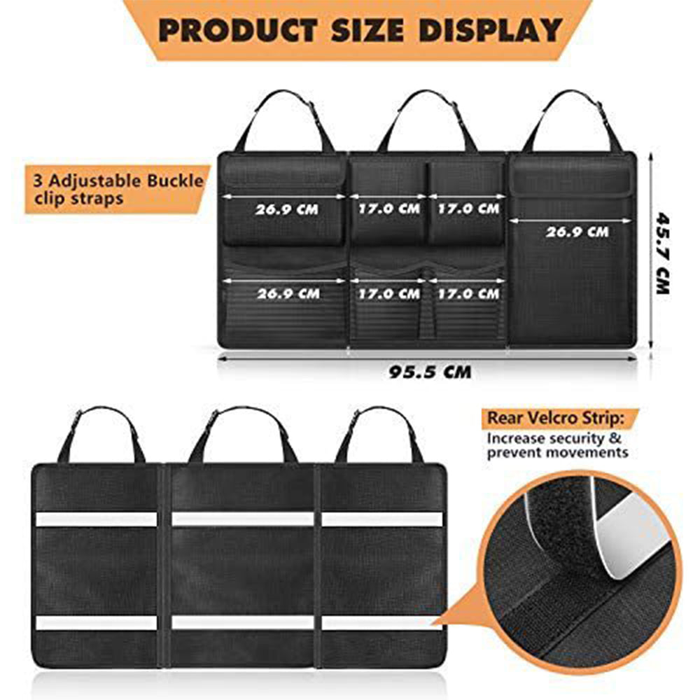Black seat-back organizer with three adjustable buckle straps and multi-compartment storage panel