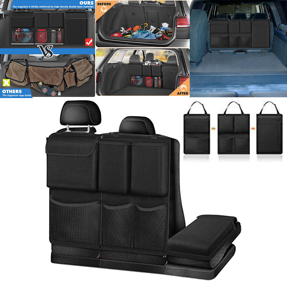Black seat-back organizer with divided pockets, top handles, and detachable padded seat cover