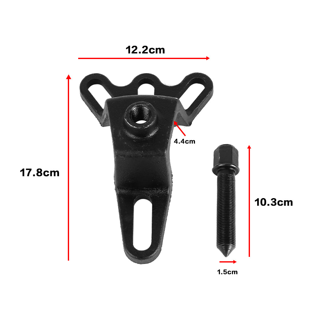 Wheel hub puller bracket with bolt; dimensions shown 12.2cm and 17.8cm