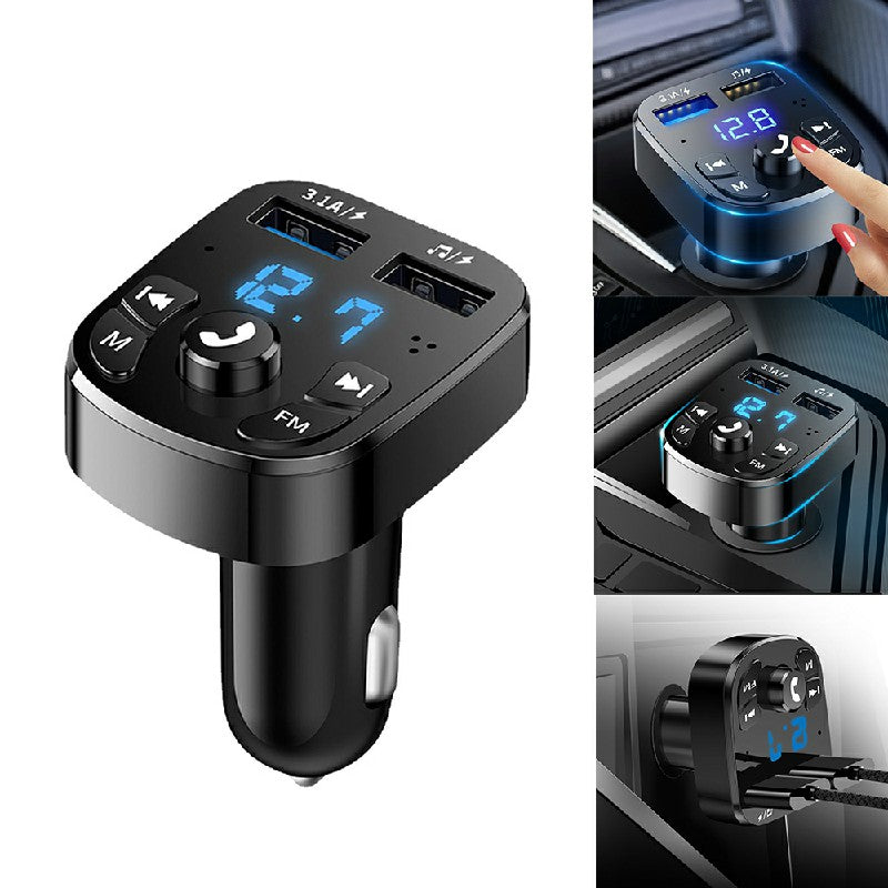 Car Bluetooth FM transmitter with blue LED display, USB ports, and FM control buttons