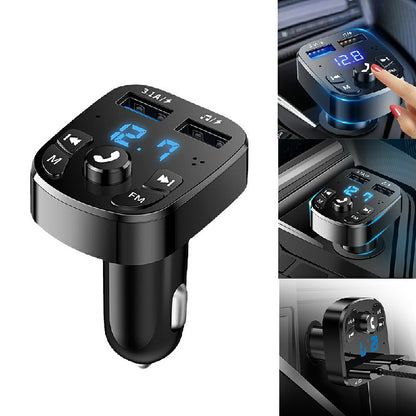 Car Bluetooth FM transmitter with blue LED display, USB ports, and FM control buttons