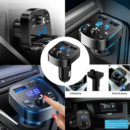Car Bluetooth FM transmitter with blue LED display, knob controls, and USB charger port