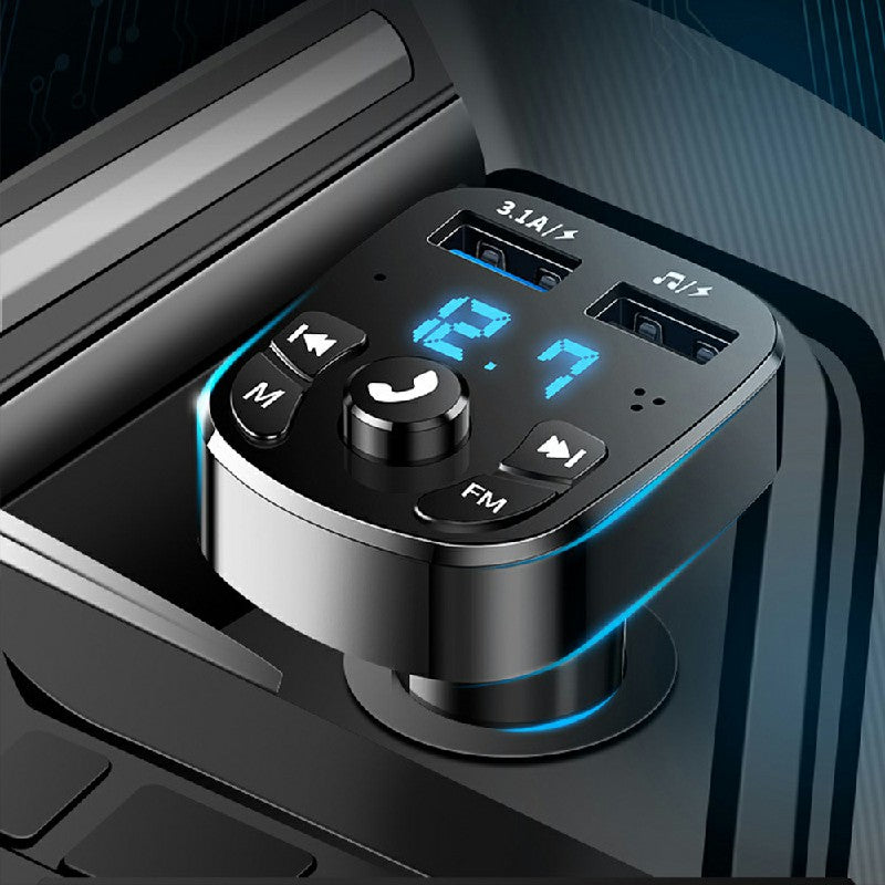 Car Bluetooth FM transmitter with blue LED screen, round knob, and 3.1A ports, black