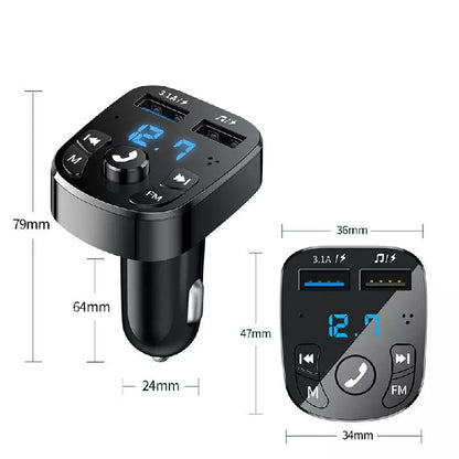 Car Bluetooth FM transmitter with blue LED display and 3.1A ports, shown with dimensions