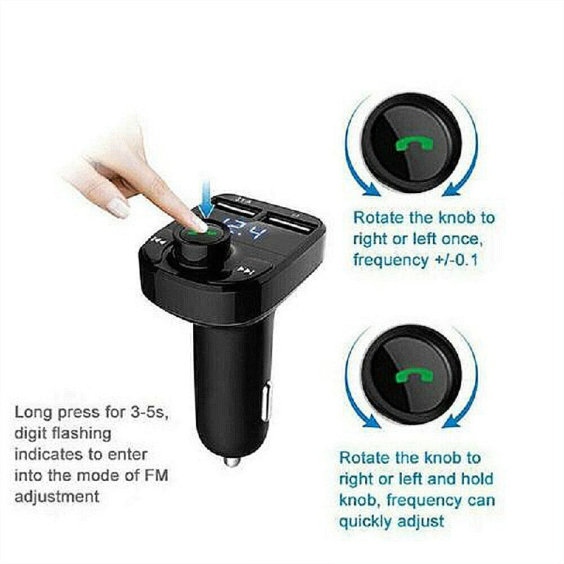 Car Bluetooth FM transmitter with rotating knob and blue LED indicator, black charger body