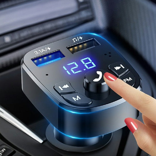 Car Bluetooth FM transmitter control panel with blue LED screen, FM buttons, and knob