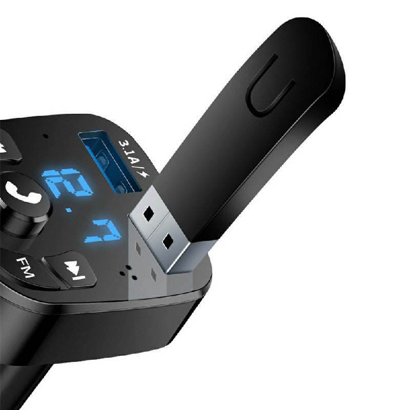 Car Bluetooth FM transmitter USB plug end with 3.1A marking, black housing