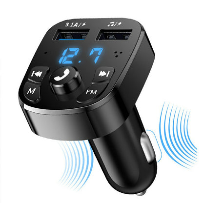 Car Bluetooth FM transmitter with blue LED display and control buttons, black charger body