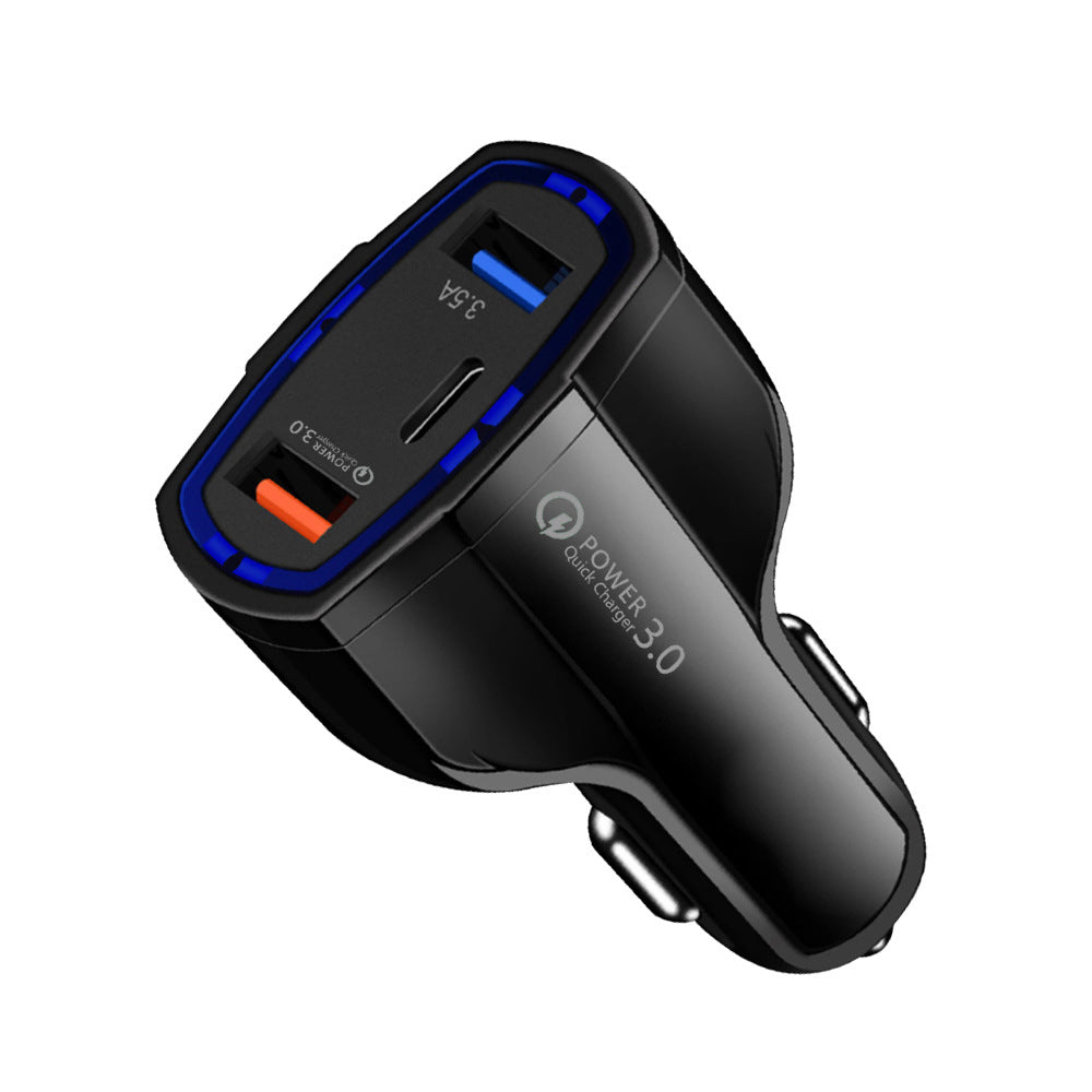 Black car charger with blue-lined QC 3.0 face and orange-tipped Type-C port