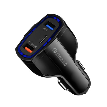 Black car charger with blue-lined QC 3.0 face and orange-tipped Type-C port