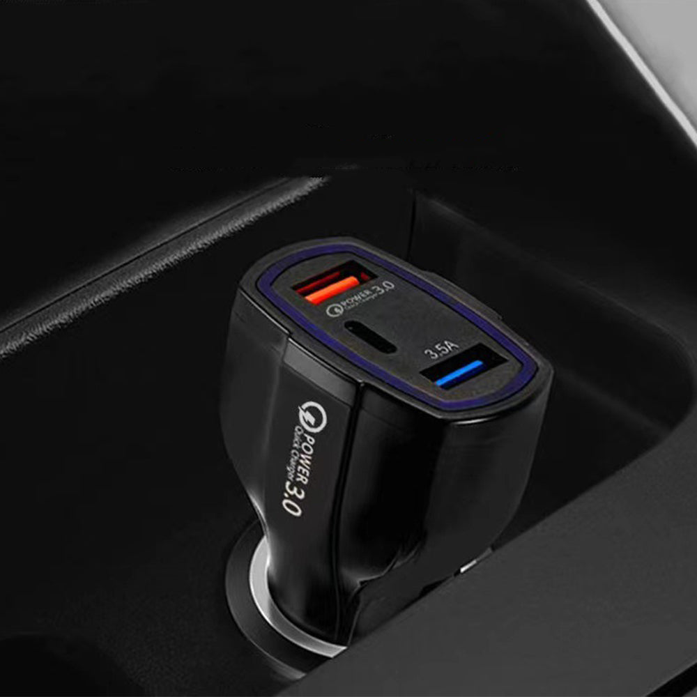 Black car charger with blue indicator and orange-tipped charging ports