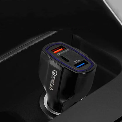 Black car charger with blue indicator and orange-tipped charging ports
