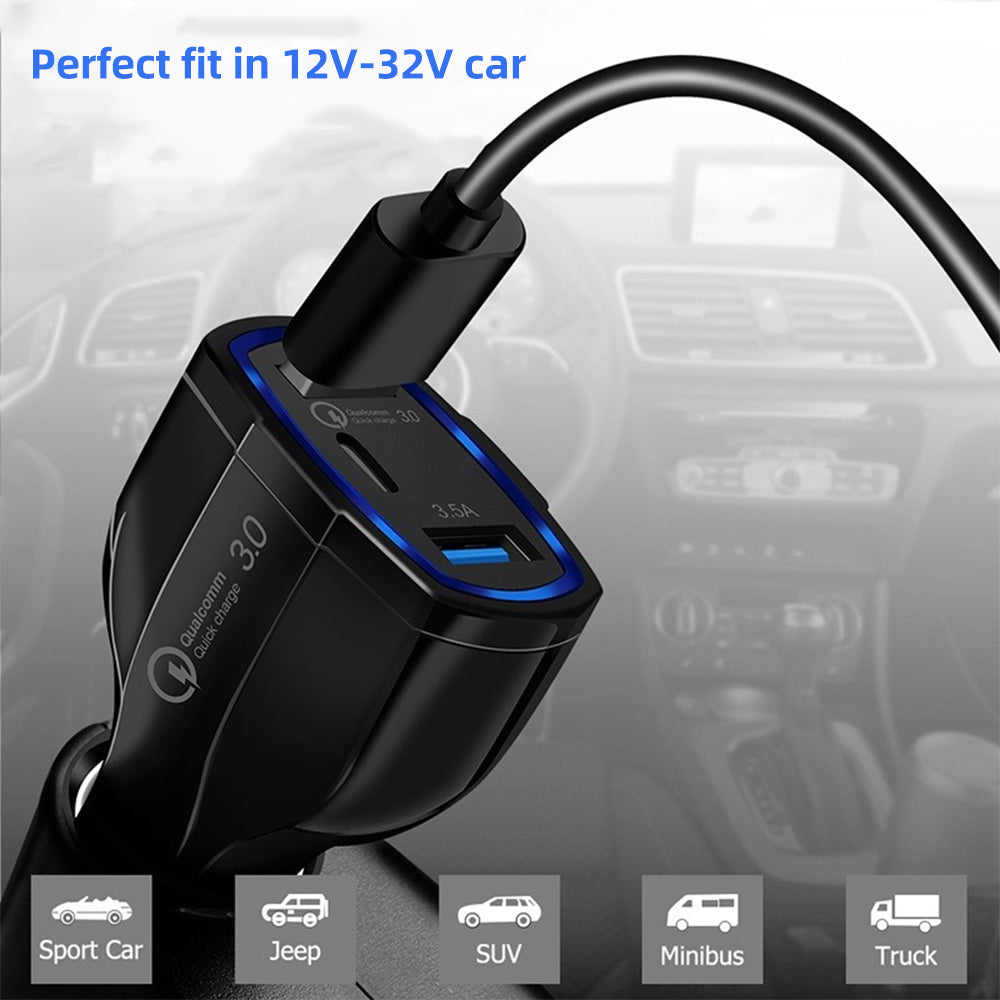 Black QC 3.0 dual car charger with Type-C and USB ports for 12V–32V