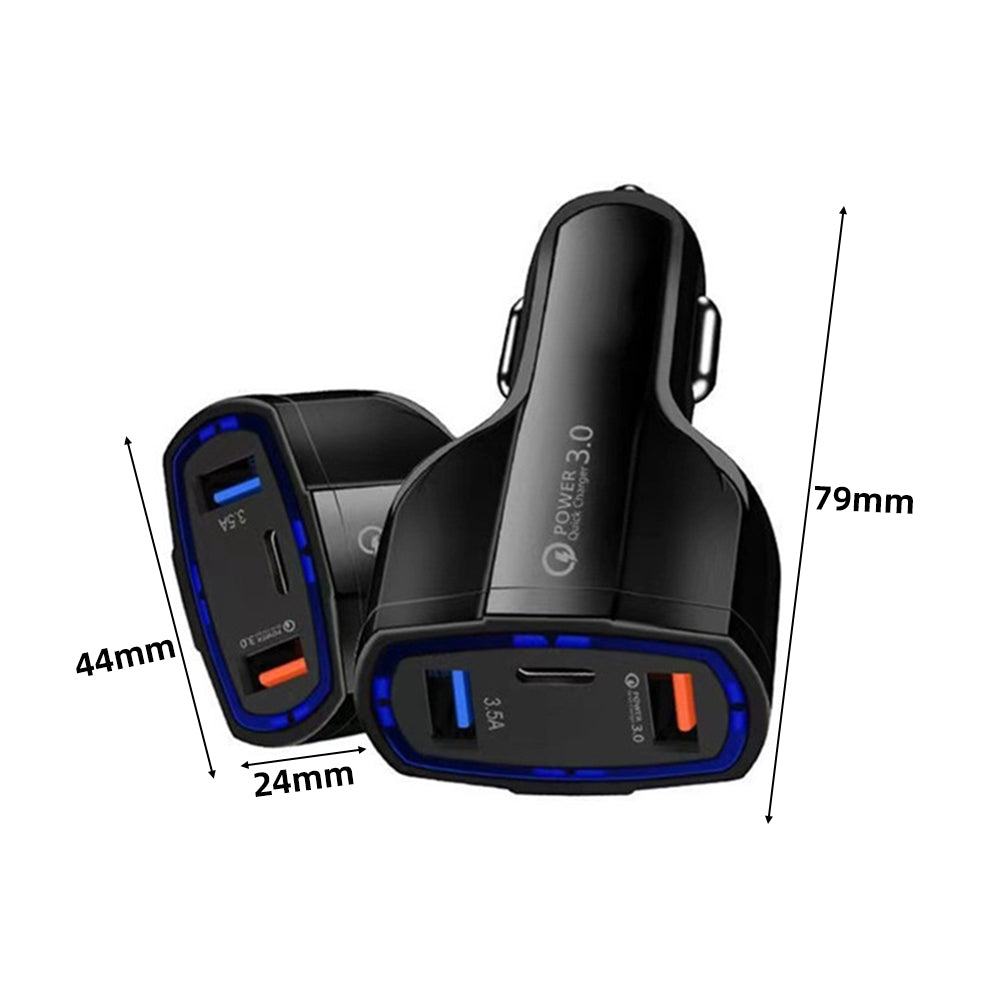 Black dual car charger with Type-C and USB ports, dimensions shown