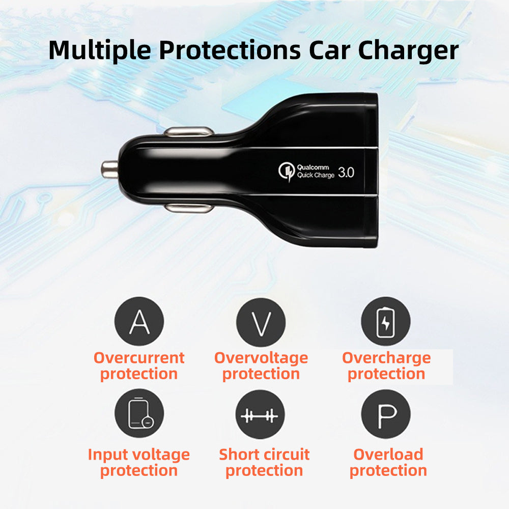 Black car charger with Qualcomm QC 3.0 and safety protection icons