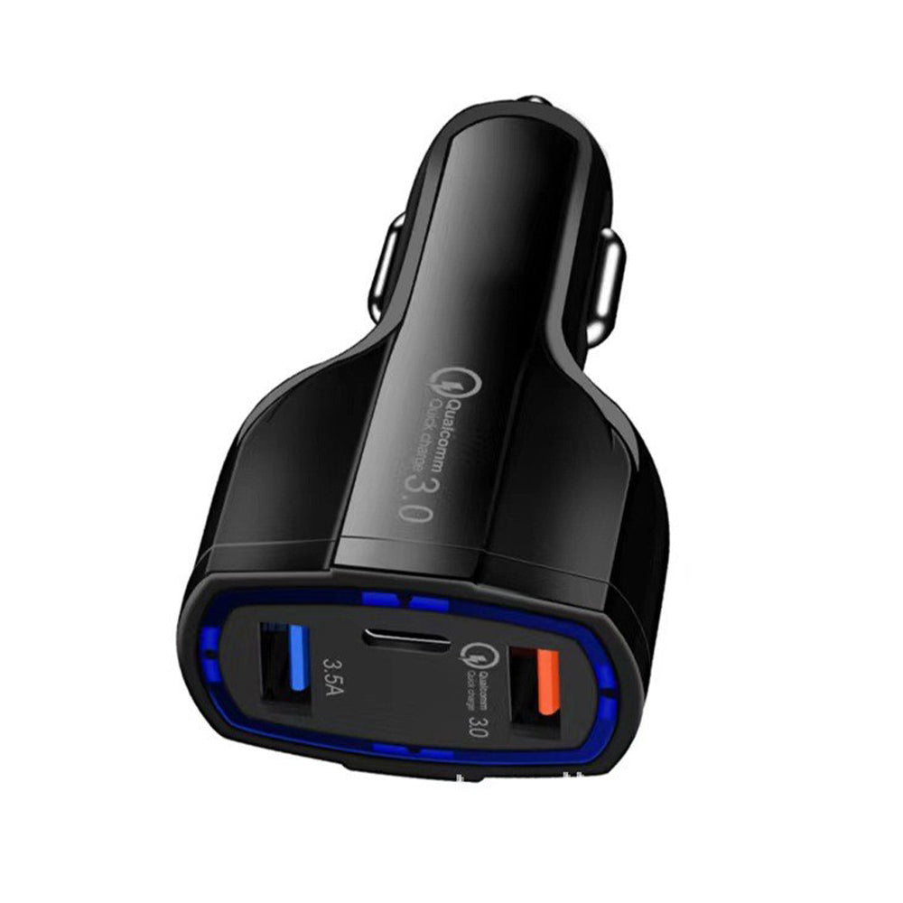 Black QC 3.0 car charger with blue-lit USB and orange-tipped port