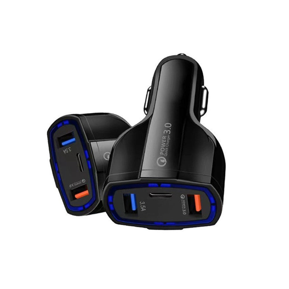 Black dual car charger with QC 3.0 panel, Type-C and USB-A ports