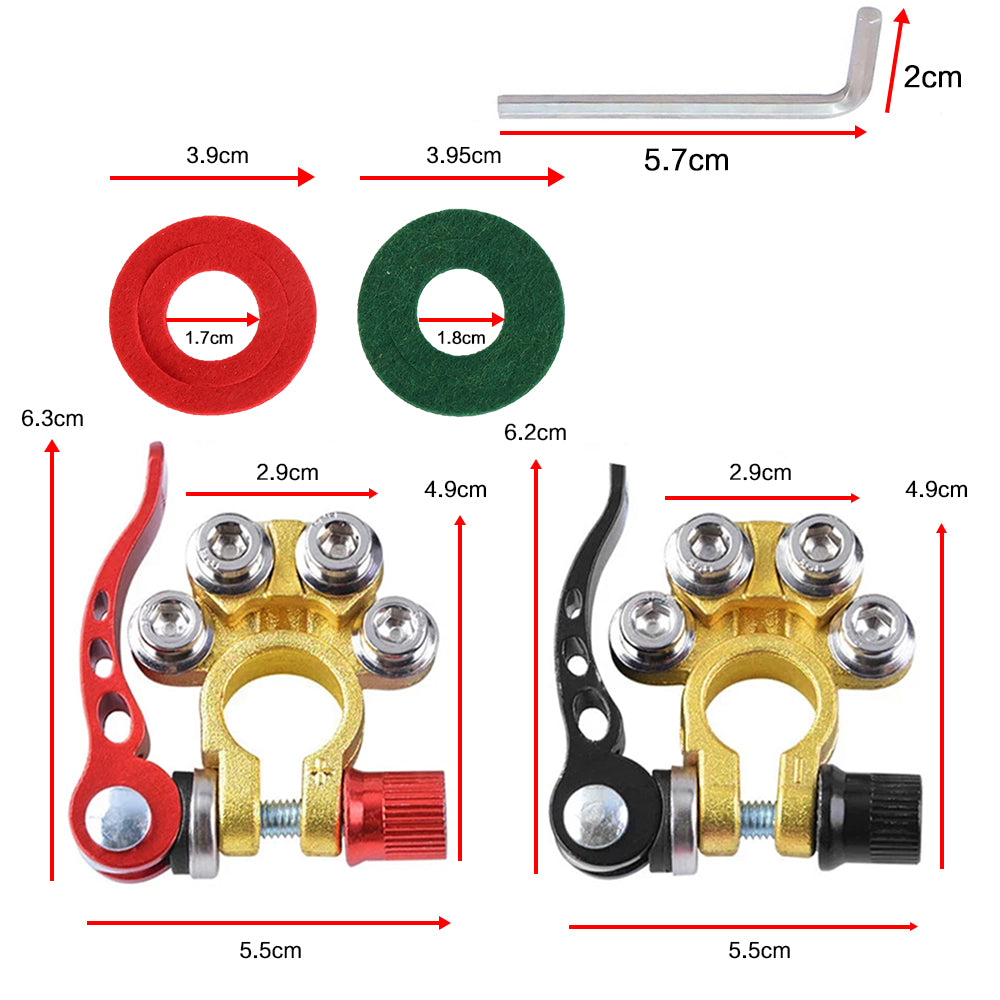 Battery terminal clamps with red and green insulators and size guide diagram