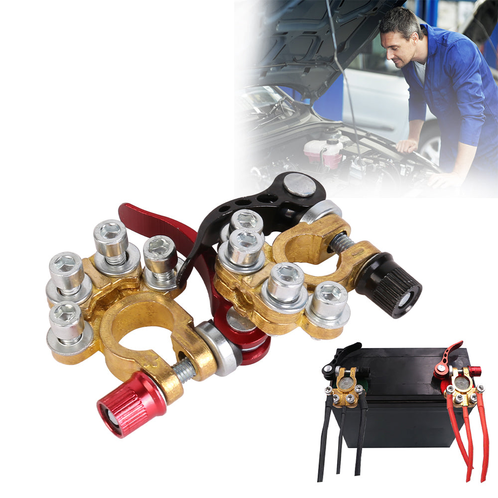 Battery terminal clamp connectors with red lever, brass ring, and matching cable set