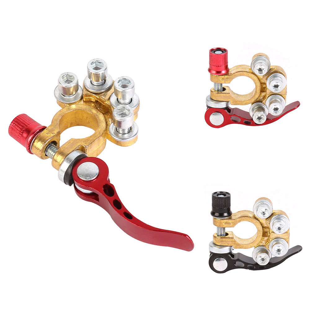 Red and black quick-release battery terminal clamps with brass cores and silver bolts