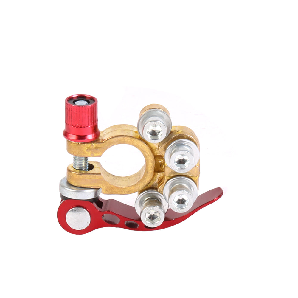 Red quick-release battery terminal clamp set with brass body and four silver terminals