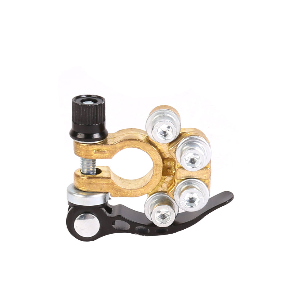 Black quick-release battery terminal clamp set with brass ring and four silver screws