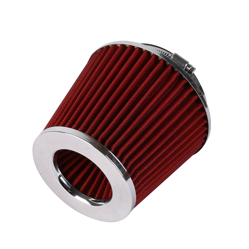 Round red pleated air filter with silver metal ends and mounting flange.