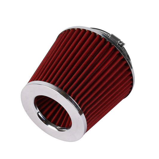 Round red pleated air filter with silver metal ends and mounting flange.