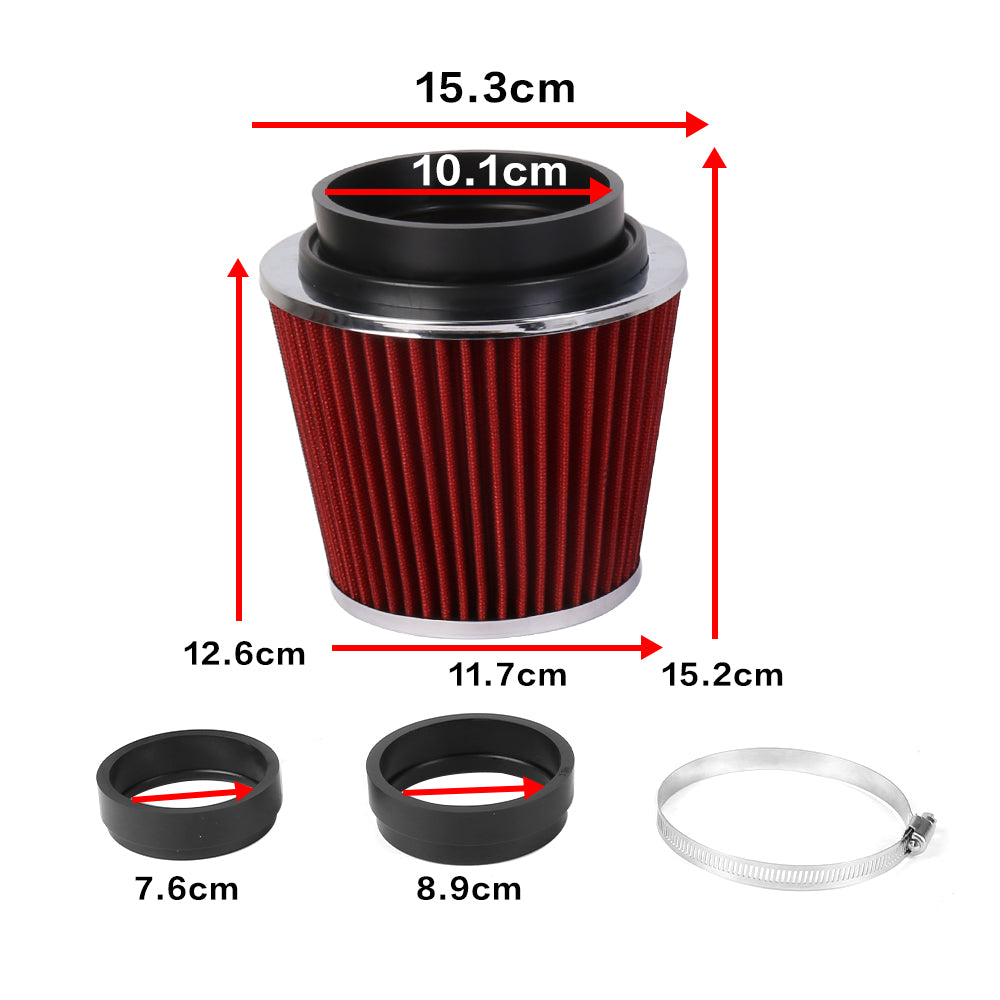 Red pleated air filter with size diagram and included adapter rings and clamp.