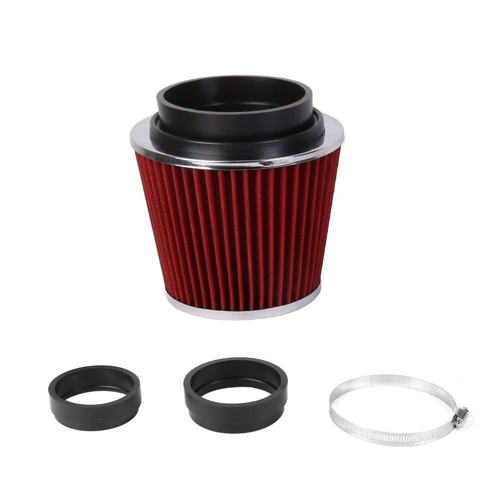 Round red pleated air filter with included black adapter rings and silver clamp.