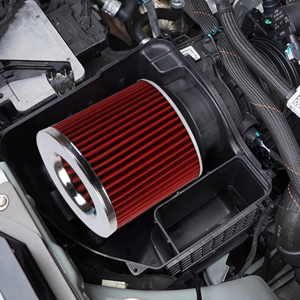 Round red pleated air filter installed in engine compartment with metal rim.