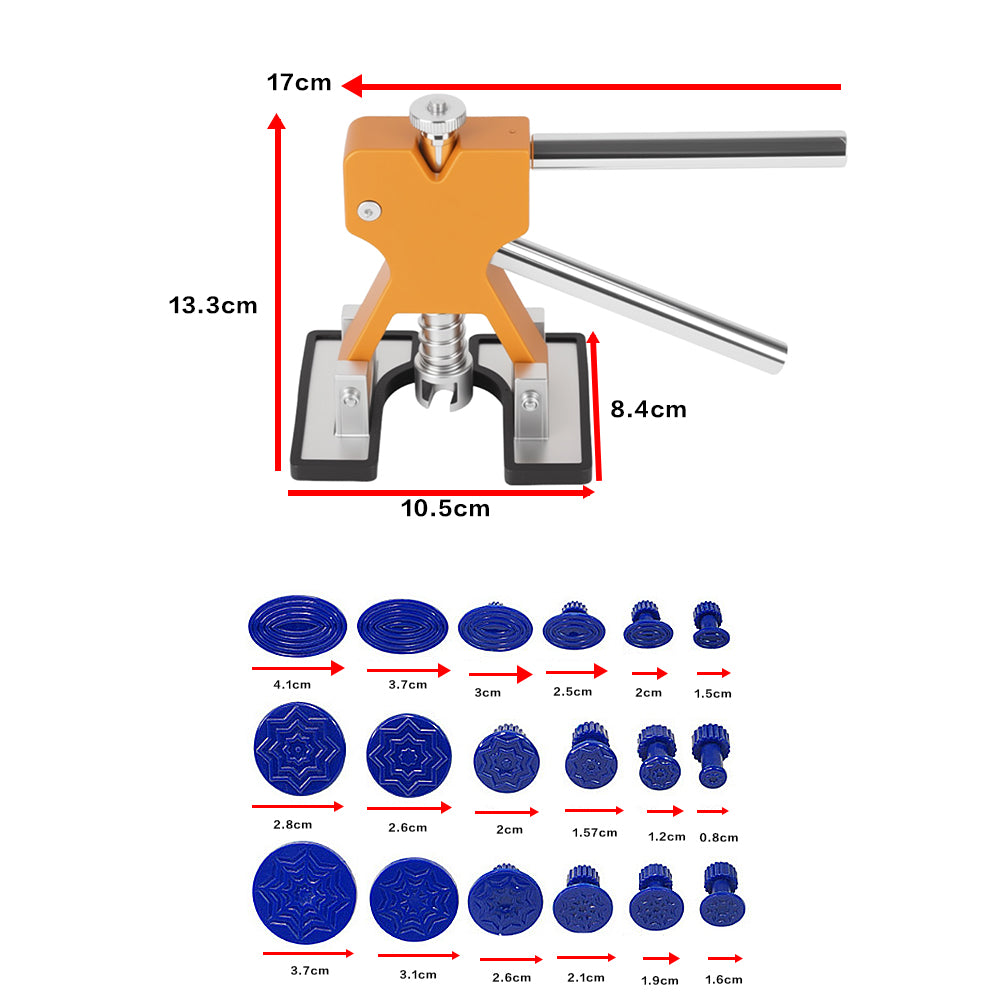 Car dent puller kit with tool plus 18 blue puller tabs and size guide