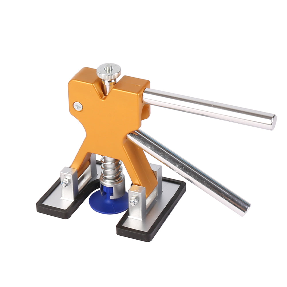 Car dent repair puller lifter tool with orange frame and black base stands