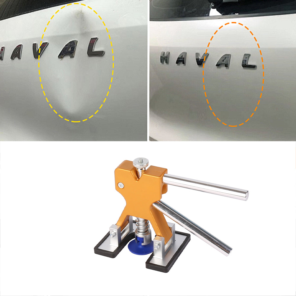 Car panel dent repair kit showing puller tool positioning over dent spot