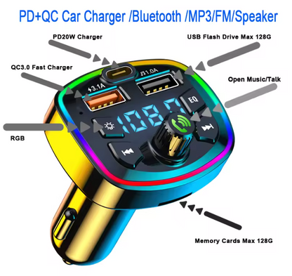 Bluetooth 5.0 FM Transmitter & Dual USB Fast Car Charger